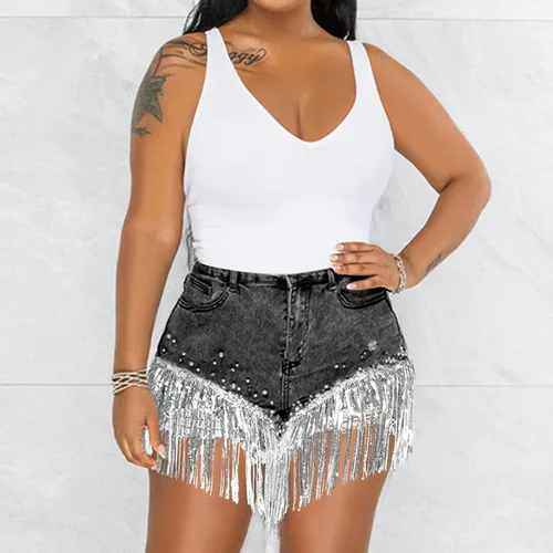 Vista 6 de LifeShe Pantalones cortos de mezclilla para mujer con cuentas de perlas de diamantes de imitación