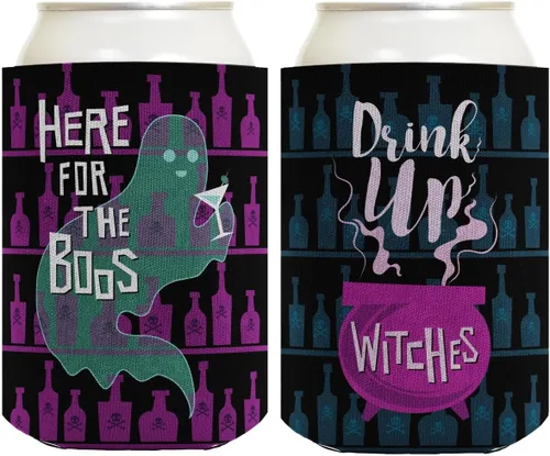 Vista 25 de Decoración espeluznante de Halloween Bebe brujas aquí para los abucheos 2 caras Paquete de 2 termoenfriadores ultra delgados para latas