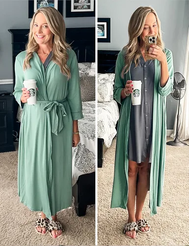 Vista 3 de MAXMODA Bata de baño para mujer, suave kimono de punto para spa, bata de baño larga, ligera, con cinturón adjunto
