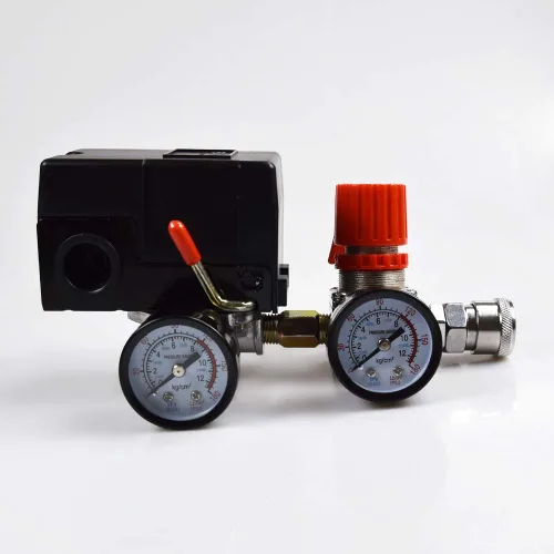 Vista 8 de Válvula de control del interruptor de presión del compresor de aire, 90-120 PSI con regulador y manómetro, 4 puertos 1/4" NPT con válvula