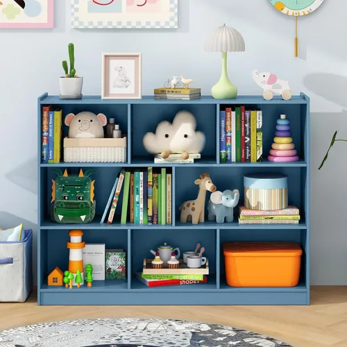 Vista 9 de KOTEK Organizador de almacenamiento de juguetes, estantería infantil de 5 cubos, estantería de madera de 3 niveles, estante abierto para guardería