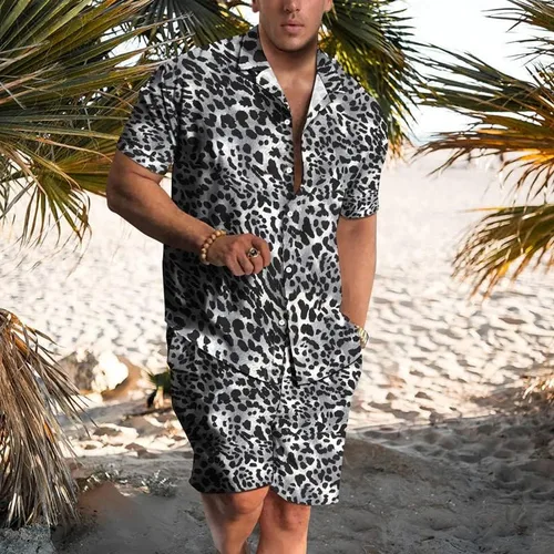 Vista 2 de Conjunto de camisas cortas de traje de playa YAOGRO para hombre 2 piezas a juego con estampado floral hawaiano