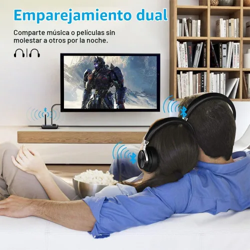 Vista 4 de Receptor transmisor Bluetooth 3 en 1 Bluetooth 5.3 adaptador de audio para 2 auriculares con control de volumen de derivación interruptor
