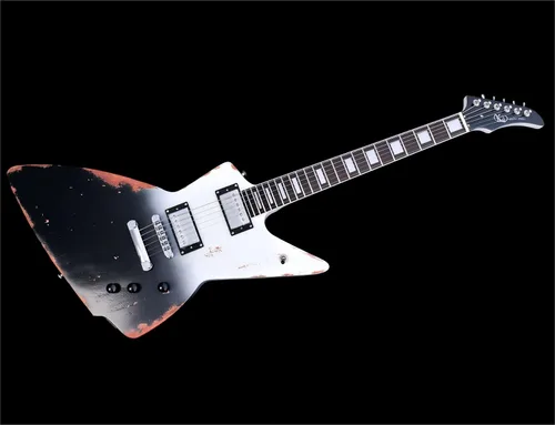 Vista 2 de KGD Relic - Guitarra eléctrica de metal pesado de 6 cuerdas con tuerca de hueso, guitarra eléctrica profesional para adultos (negro y blanco)