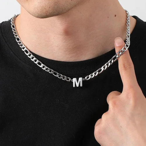 Vista 2 de GLITTO Collar de cadena Figaro con inicial A-Z para hombres, niños y mujeres, colgante de letra, acero inoxidable, 0.256in, 18+2 pulgadas, regalo