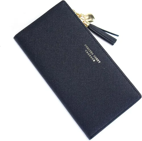 Vista 5 de Cartera delgada para mujer, bolso de mano, tarjetero con borla, bolsillo con cremallera Negro