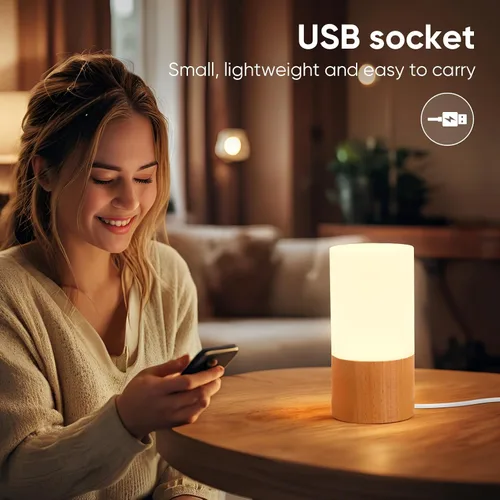 Vista 2 de LONRISWAY Lámpara de mesa de madera LED pequeña, luz de noche de noche para dormitorio, iluminación LED regulable, decoración creativa