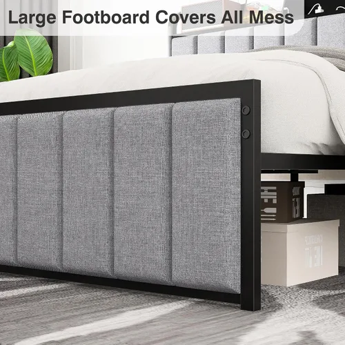 Vista 6 de VECELO Queen Bed Frame, Storage Upholstered Headboard with Charging Station, Platform Bedframe, Heavy Duty Metal Slats, No Box Spring Needed