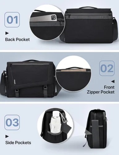 Vista 4 de Bolsa de mensajero para hombre, ligera, resistente al agua, 15.6 pulgadas, bolsa para laptop, bolsa de hombro para oficina de negocios