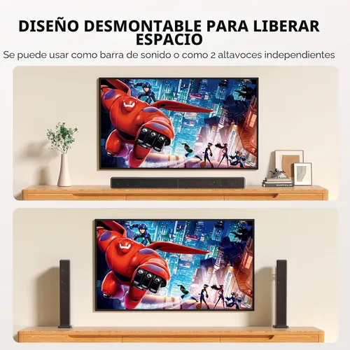 Vista 2 de Barra de sonido de 2.0 canales de 100 W para Smart TV, altavoz Bluetooth 5.3 desmontable 2 en 1 con 3 modos de ecualización y graves ajustables