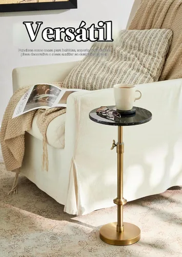 Vista 5 de Mesa ajustable de mármol negro de 10 pulgadas con 2 posavasos, latón antiguo Adjustable 10" round martini end table & pedestal side table. Black