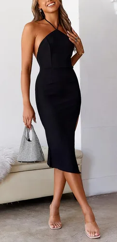 Vista 4 de Tsher Elegante vestido midi formal para mujer, con cuello halter, con lazo en la espalda, color verde