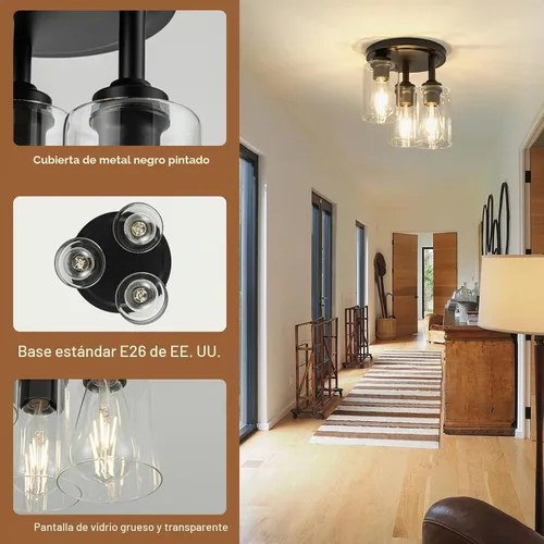 Vista 6 de 3-Light Black Outdoor Flush Mount Ceiling Light Fixture with Glass Shade Lámparas de techo de jaula cuadrada rústica de 10.6 pulgadas, lámparas