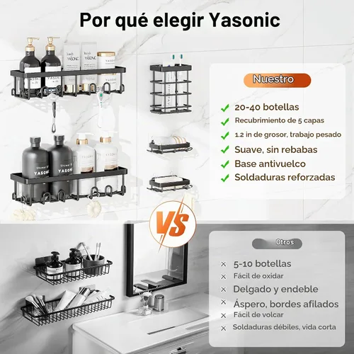 Vista 8 de YASONIC Shower Caddy Adhesive, Rustproof Shower Organizer, Wall Shower Rack Negro