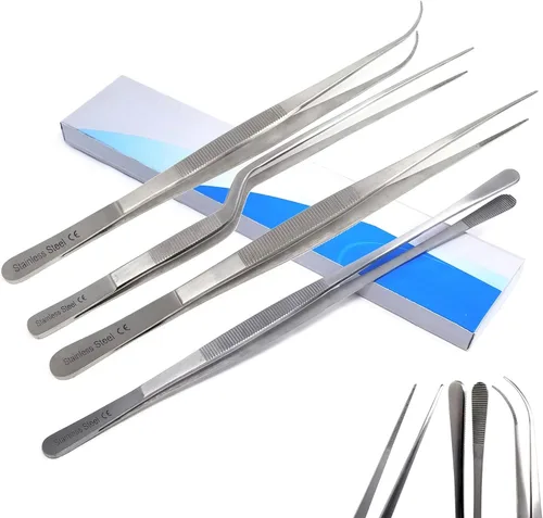 Vista 10 de Pinzas de precisión de acero inoxidable culinario profesional de 6 pulgadas con puntas dentadas, pinzas para servir con detalles de presentación