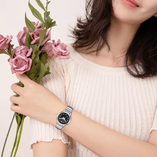 Vista 5 de BOSHIYA Reloj con banda elástica para mujer Easy Reader de 1.181 in analógico de cuarzo con correa elástica de acero inoxidable, impermeable, reloj