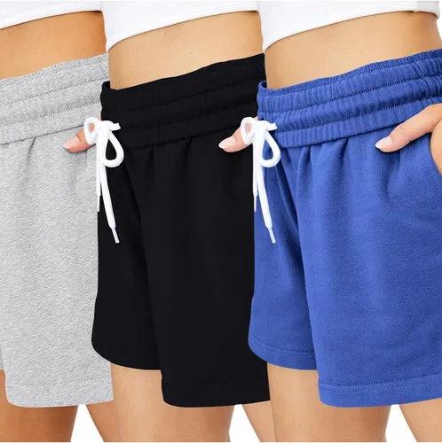 Vista 25 de AUTOMET Pantalones cortos deportivos para mujer, estilo casual, con cordón, cómodos, elásticos, de cintura alta, con bolsillos
