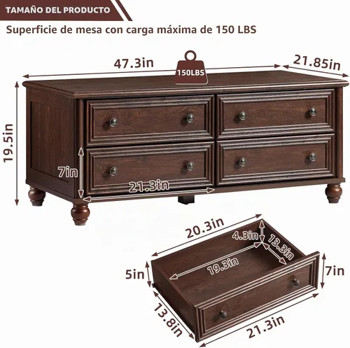 Vista 2 de RWYHG - Mesa de centro de granja de 48 pulgadas con almacenamiento oculto, mesas de café de madera con 4 cajones y manija de columna romana, mesa