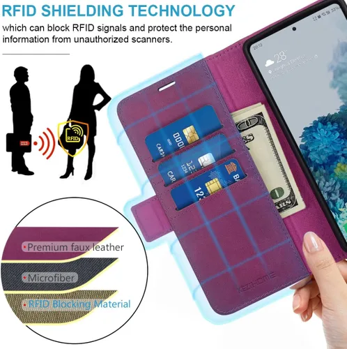 Vista 4 de KEZiHOME Funda para Galaxy S23 5G, de piel auténtica [bloqueo RFID], funda tipo cartera magnética con ranuras para tarjetas, función atril marrón