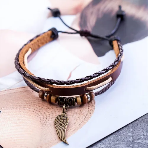 Vista 4 de Coostuff - 3 pulseras de cuero genuino hechas a mano con dijes trenzados de cuero negro para hombres y mujeres, Cuero