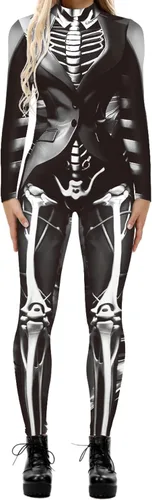 Vista 7 de Disfraz de esqueleto de calavera para mujer, overol de una pieza para Halloween 3D printed skull skeleton robot costume, Back zipper closure
