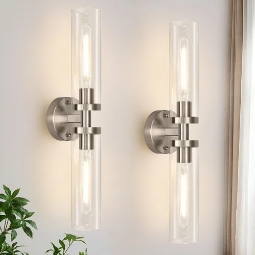 Vista 21 de Indoi Apliques de pared de níquel cepillado, apliques de baño cableados con vidrio transparente, modernos accesorios de tocador de baño para espejo