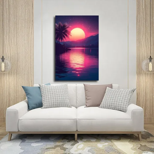 Vista 5 de ZMLIS Vaporwave Neon Retro City Print – Synthwave 80s Aesthetic Wall Decor – Futuristic Palm Trees Digital Poster Poster for Room Aesthetics Canvas
