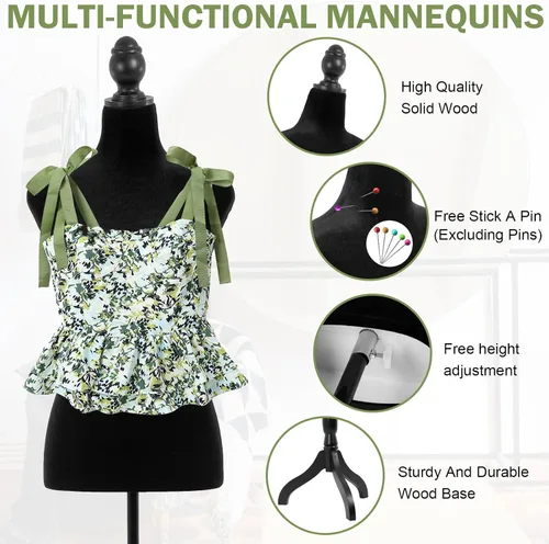 Vista 4 de Professional Adjustable Dress Form Mannequin with Stable Tripod Base Stand - Female Torso for Sewing, Clothing Design, Display & Tailoring Black