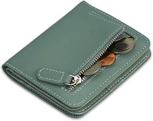 Vista 3 de Funtor Cartera de cuero para mujer, pequeña y compacta, con bolsillo doble, bloqueo RFID, para mujer