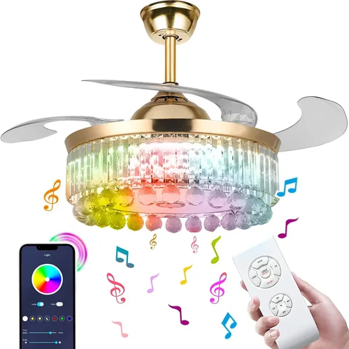 Vista 12 de Ventilador de techo retráctil de 42 pulgadas con luz y control remoto, candelabro negro cristal, moderno, comedor