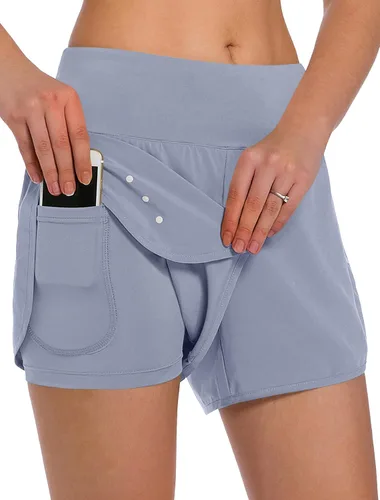Vista 21 de Ksmien - Pantalones cortos de correr 2 en 1 para mujer, ligeros, para entrenamiento, gimnasio, yoga, forro con bolsillos para teléfono