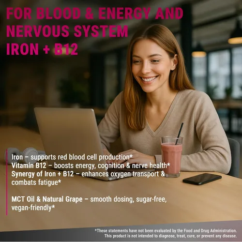 Vista 4 de New Elements Suplemento de hierro líquido para mujeres y hombres con vitamina B12 de 5000 mcg, constructor de sangre libre para la anemia, gotas