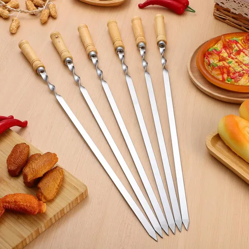 Vista 9 de Pinchos de barbacoa de acero inoxidable con mango de madera para carne, camarones, pollo, verduras