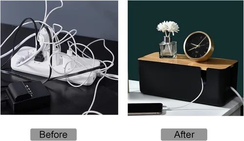 Vista 2 de Changsuo Caja de organización de cables con tapa de bambú, pequeña caja organizadora de cables para cable de extensión, protector de sobretensiones