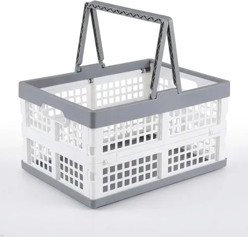 Vista 9 de Paquete de 2 cajas de almacenamiento plegables de plástico con asas, cajas plegables de plástico de 15 L para compras