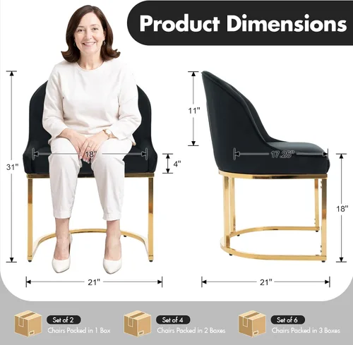 Vista 2 de Hyfirm Juego de 2 sillas de comedor tapizadas de terciopelo negro y dorado, sillas de cocina modernas con acento de barril glamoroso, patas de metal