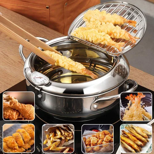 Vista 4 de Olla para freír con cesta de bandeja de gota de aceite y termómetro de aceite Tempura de estilo japonés, mini freidoras pequeñas, para el hogar.