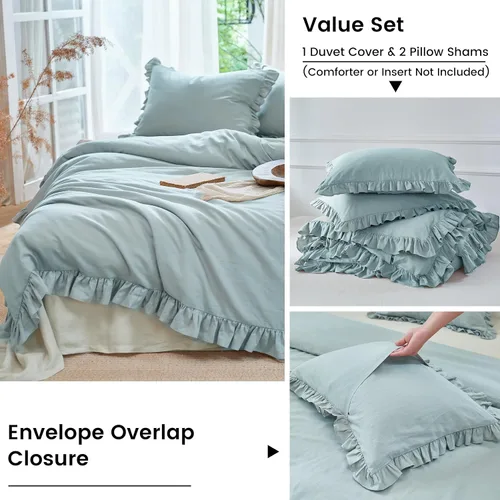 Vista 4 de Simple&Opulence Juego de funda de edredón de algodón de lino con volantes, 3 piezas, ropa de cama con textura suave con bordes decorativos