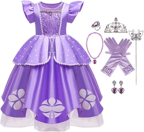 Vista 43 de Disfraz de princesa Sofía Rapunzel para niñas, disfraz de Halloween, Navidad, cumpleaños, fiesta con accesorios