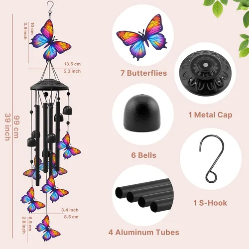 Vista 3 de Campanillas de Viento de Mariposa para Exteriores, Campanillas de Metal Negro al Aire Libre, Regalos de Mariposas para Mujeres/Hombres, Decoración