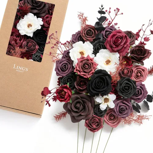 Vista 15 de Ling's moment Combo de flores artificiales de boda, caja de vegetación falsa para ramos de bricolaje, centros de mesa, decoración de espuma de rosa