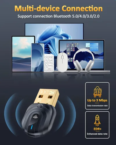 Vista 6 de ZEXMTE Adaptador USB Bluetooth 5.1 para PC, Dongle Bluetooth para PC, Rango Largo Estable de 50M/164FT, con Antena FPC, Plug & Play para Windows