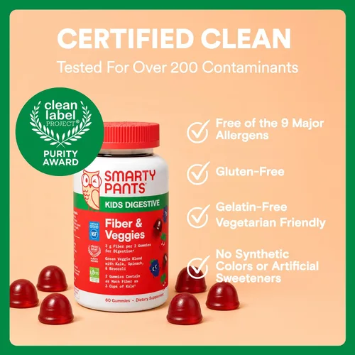 Vista 9 de SmartyPants Kids Fiber & Veggies: Gomitas de fibra prebiótica para niños, suplemento de fibra con inulina, mezcla orgánica de verduras verdes