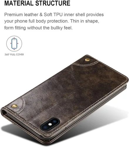 Vista 4 de Sinianl Funda de cuero tipo cartera con tapa de material TPU para iPhone Xs Max/XR/XS/X/8/8 Plus/7/7 Plus/6/6 Plus, Negro