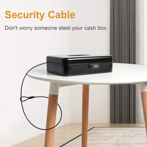 Vista 4 de Jssmst - Caja grande de seguridad para dinero con bandeja; caja de dinero de metal con cerradura de combinación y cable de seguridad, color negro