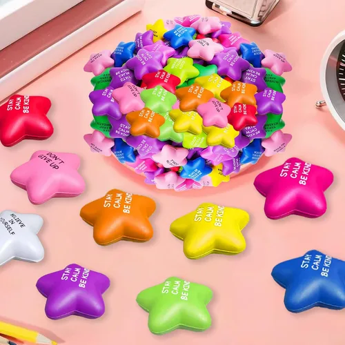 Vista 2 de SHQDD 100 pelotas antiestrés con forma de estrella a granel para adultos y niños - Citas motivacionales, juguetes de espuma suave para apretar