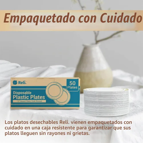 Vista 6 de Reli. Platos de plástico desechables, borde blanco/dorado, 50