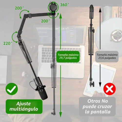 Vista 5 de Brazo de Micrófono de Pluma, Soporte de Micrófono Aéreo Ajustable con Altura con Elevador de Extensión para Shure SM7B Blue Yeti HyperX QuadCast S