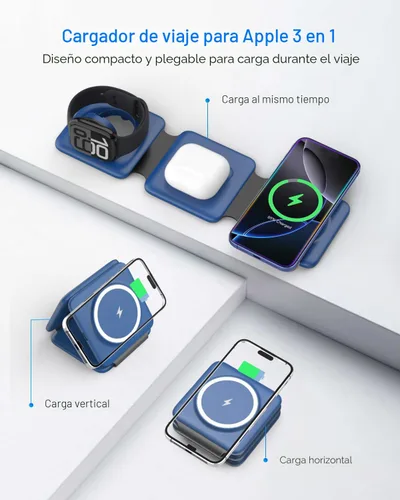 Vista 3 de Iseyyox Estación de carga para dispositivos Apple – Base de carga inalámbrica plegable magnética 3 en 1 – Almohadilla de carga de viaje para MagSafe