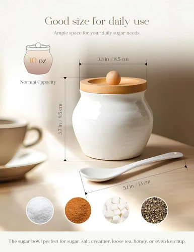 Vista 3 de Azucarero AISBUGUR con tapa y cuchara, cerámica Contenedor de azúcar de 10 onzas, tarro de azúcar para encimera de cocina, decoración de barra